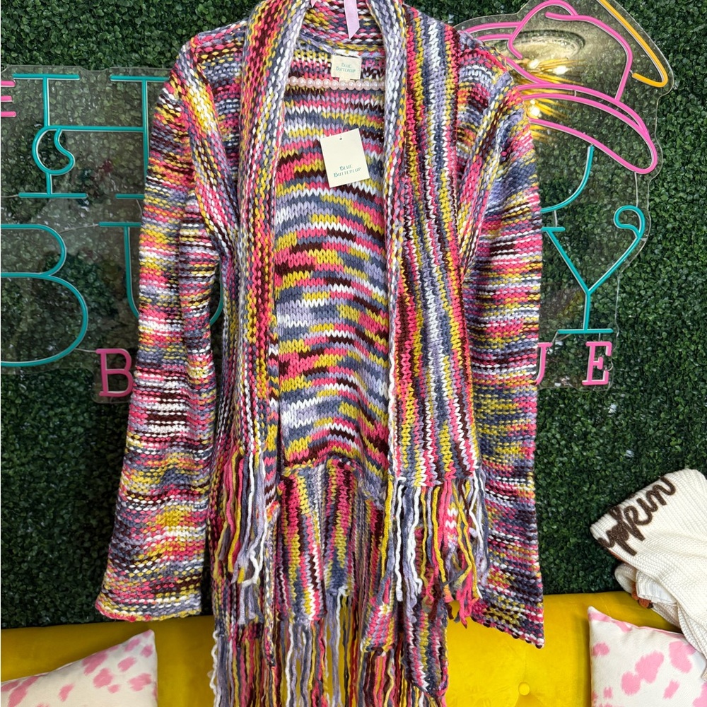 Blue Buttercup Multicolor Chunky‎ Knit Cardigan Size M, but Oversized!